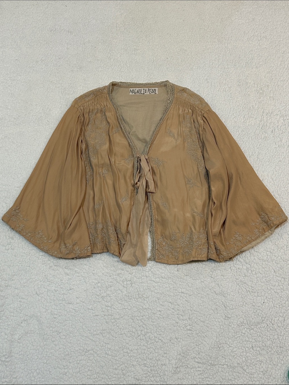 Magnolia Pearl Maeko Silk Jacket 340 Conch One Size Tan Embroidered Tie Front